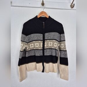 100% Lambswool Skyr Zip Front Sweater Size Medium Petite Nordic Print
